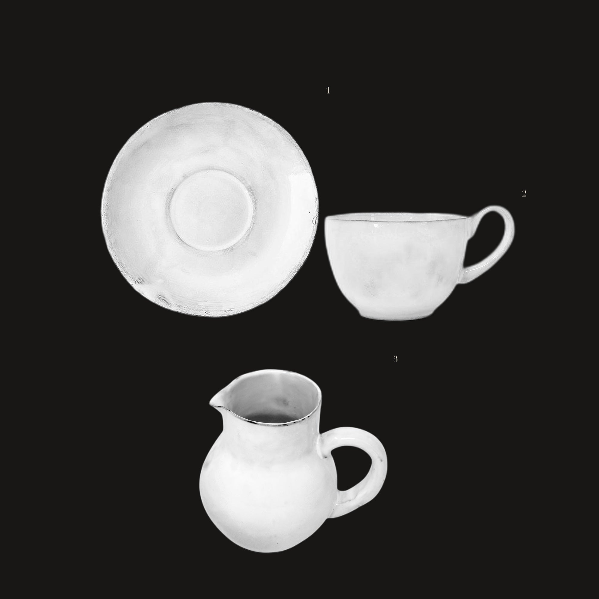 Coffee Cups & Saucers Set - handmade white faience, pieces numbered on black