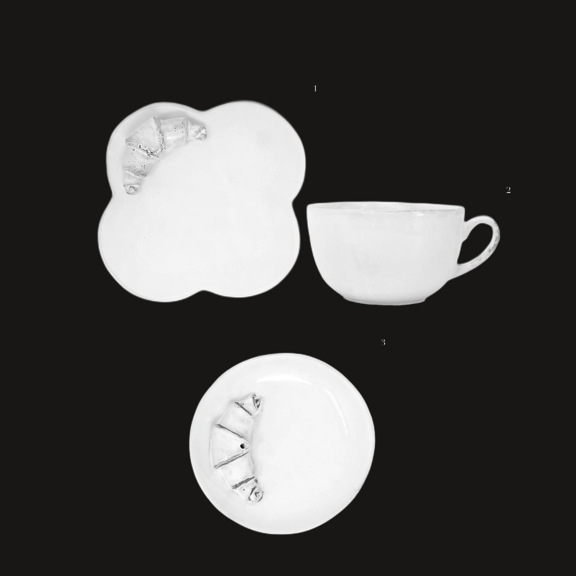 Croissant Set - the set laid out on black, each piece numbered