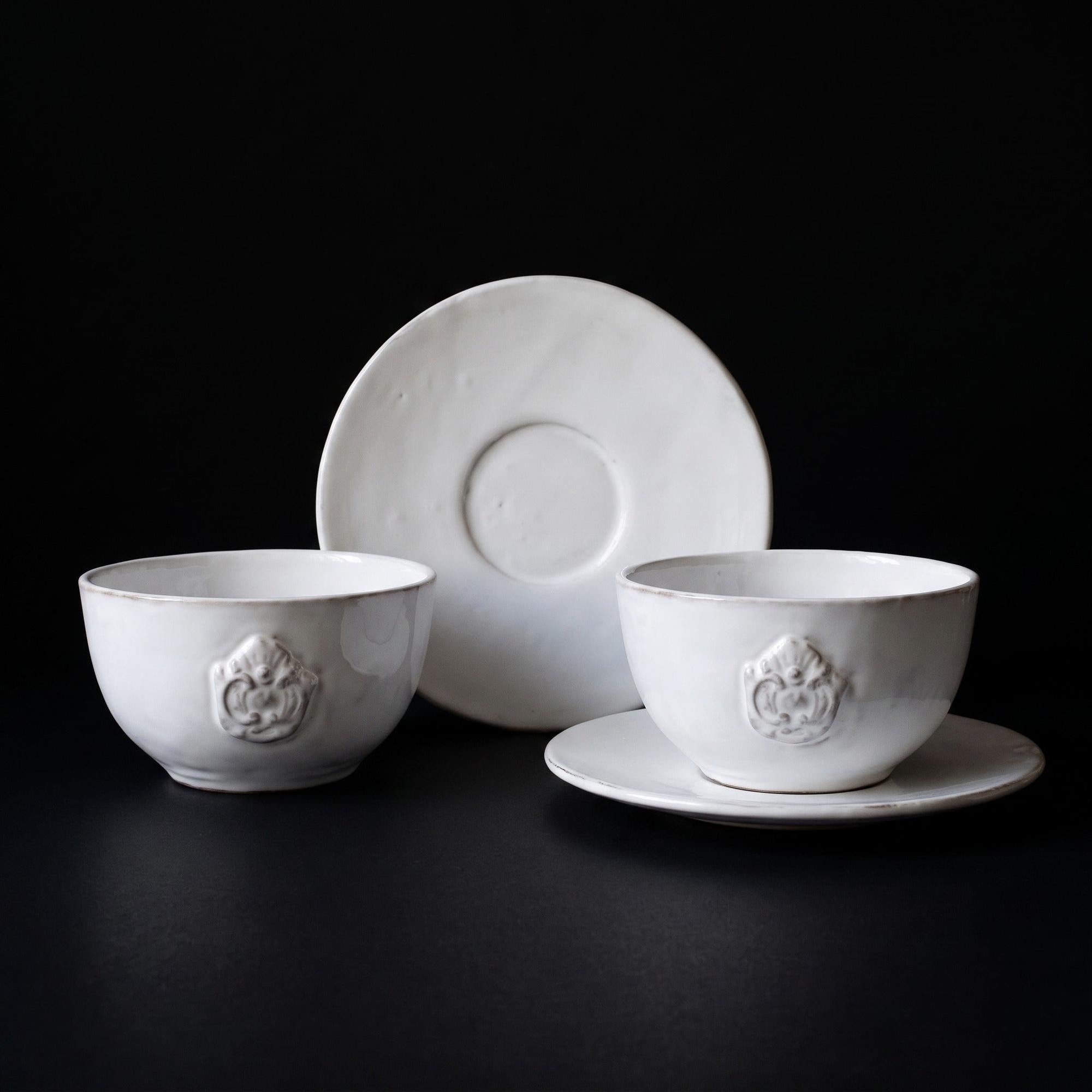 Cafe au Lait Set - handmade white faience styled on a dark table