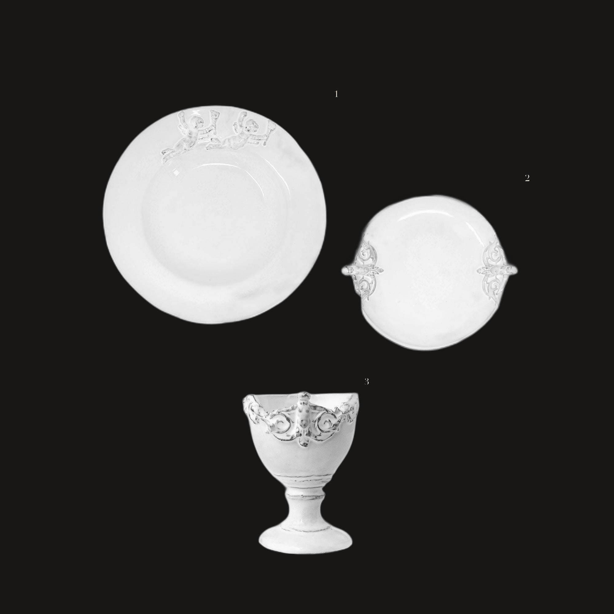 Cherub Baby Gift Set - handmade white faience, pieces numbered on black