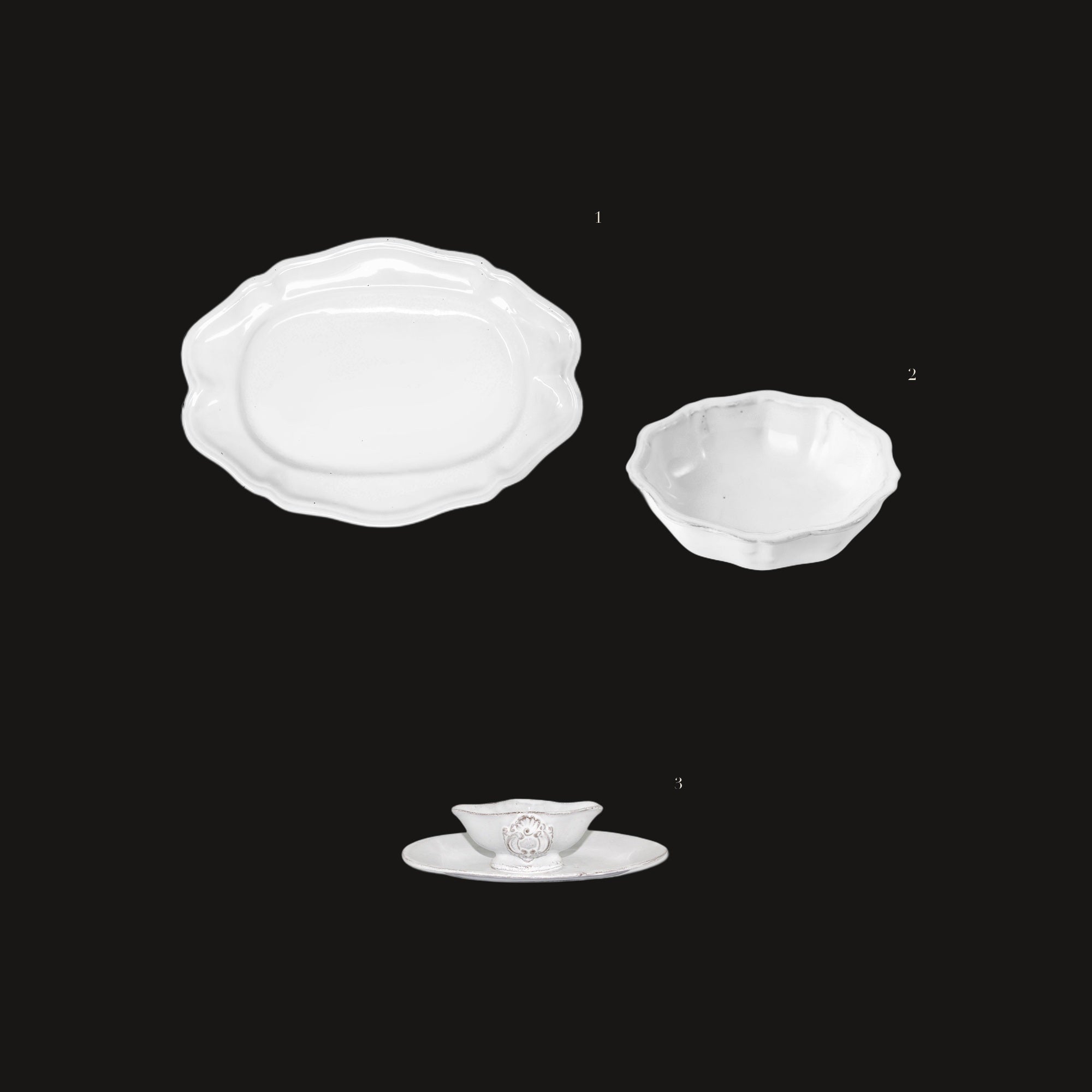 Sunday Lunch Set - the set laid out on black, each piece numbered