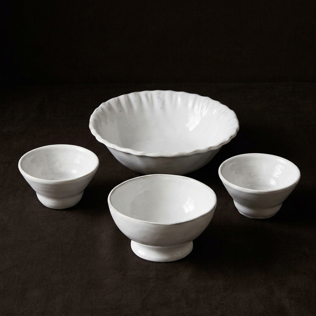 Olive & Apéritif Bowls Set - handmade white faience, styled scene by CARRON Paris