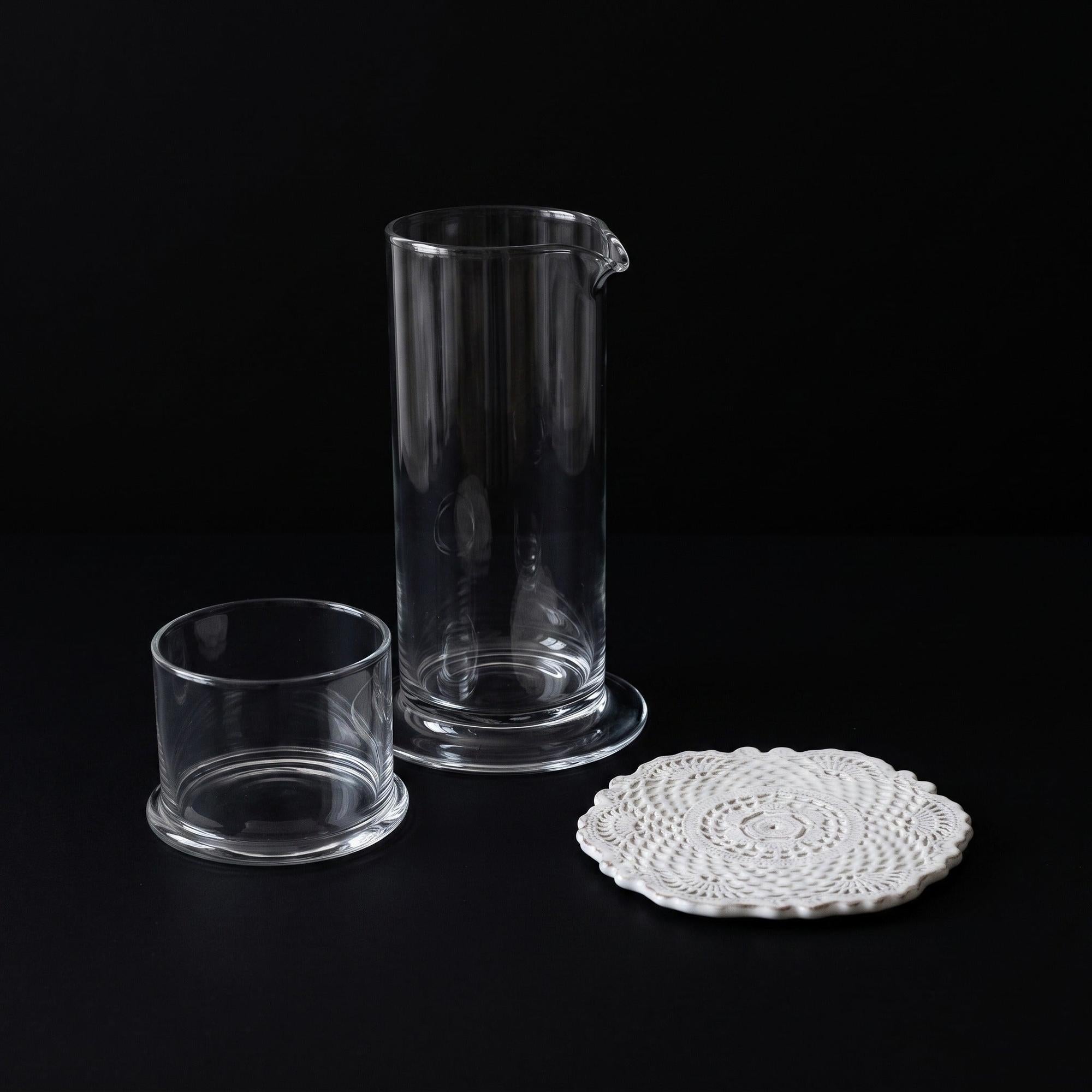 Bedside Carafe Set - handmade white faience styled on a dark table